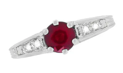 Art Deco Filigree Ruby Promise Ring in Sterling Silver with Side White Sapphires