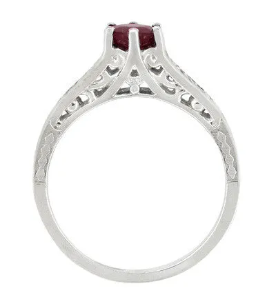 Art Deco Filigree Ruby Promise Ring in Sterling Silver with Side White Sapphires
