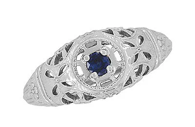 Art Deco Filigree Sapphire Ring in Platinum - Low Dome 1920's Antique Design