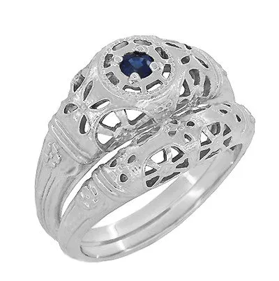 Art Deco Filigree Sapphire Ring in Platinum - Low Dome 1920's Antique Design