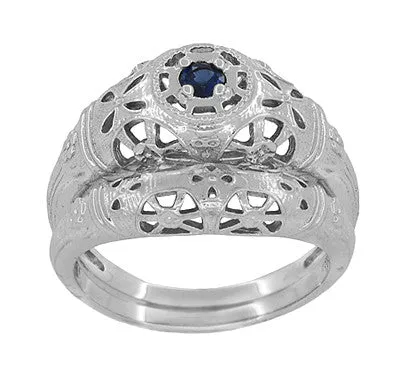 Art Deco Filigree Sapphire Ring in Platinum - Low Dome 1920's Antique Design