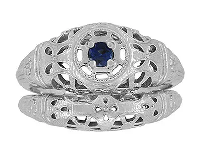Art Deco Filigree Sapphire Ring in Platinum - Low Dome 1920's Antique Design