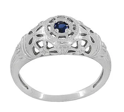 Art Deco Filigree Sapphire Ring in Platinum - Low Dome 1920's Antique Design