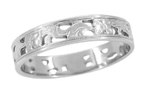 Art Deco Filigree Scrolls and Flowers Wedding Band in 14 Karat White Gold - Size 7.25