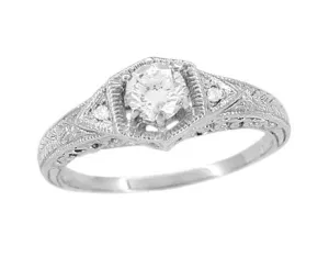 Art Deco Filigree Wheat and Scrolls Diamond Engraved Engagement Ring in Platinum