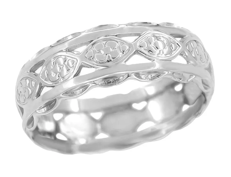 Art Deco Floral Scalloped Filigree Wide Wedding Band in 14 Karat White Gold - 6.5mm Wide