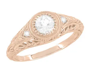 Art Deco Low Dome Filigree White Sapphire Engagement Ring in 14 Karat Rose Gold