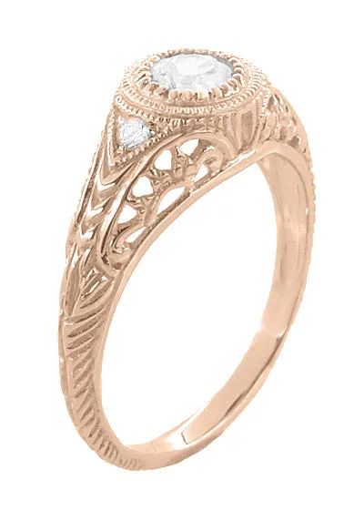 Art Deco Low Dome Filigree White Sapphire Engagement Ring in 14 Karat Rose Gold