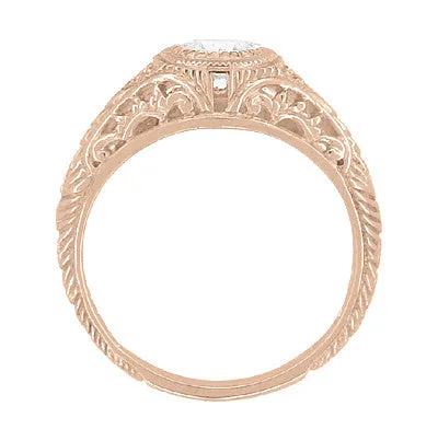 Art Deco Low Dome Filigree White Sapphire Engagement Ring in 14 Karat Rose Gold