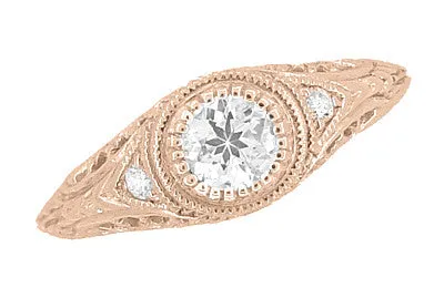 Art Deco Low Dome Filigree White Sapphire Engagement Ring in 14 Karat Rose Gold