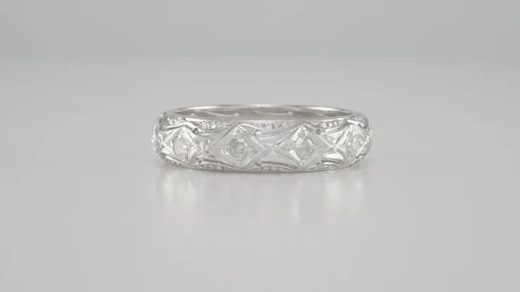 Art Deco Nichols Filigree Engraved Antique Diamond Wedding Band in Platinum - Size 6.5 | 4.9mm Wide