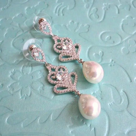 Art Deco Pearl Wedding Earrings, CZ Pearl Drop Bridal Earrings, Crystal Pearl Dangle Bridal Earrings, Bridesmaid Earrings, Vintage Wedding