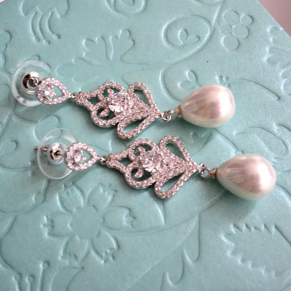 Art Deco Pearl Wedding Earrings, CZ Pearl Drop Bridal Earrings, Crystal Pearl Dangle Bridal Earrings, Bridesmaid Earrings, Vintage Wedding