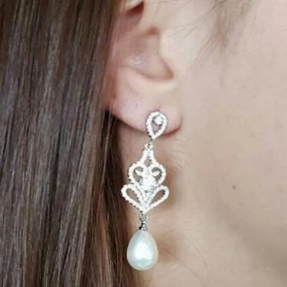 Art Deco Pearl Wedding Earrings, CZ Pearl Drop Bridal Earrings, Crystal Pearl Dangle Bridal Earrings, Bridesmaid Earrings, Vintage Wedding