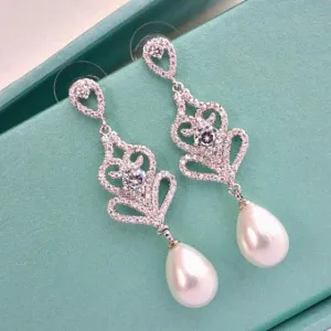 Art Deco Pearl Wedding Earrings, CZ Pearl Drop Bridal Earrings, Crystal Pearl Dangle Bridal Earrings, Bridesmaid Earrings, Vintage Wedding