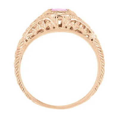 Art Deco Pink Sapphire & Diamond Low Dome Filigree Engagement Ring in 14 Karat Rose Gold