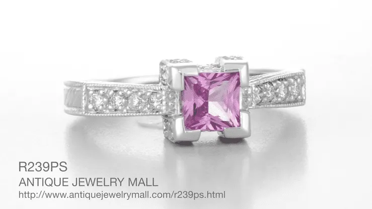 Art Deco Platinum 1/2 Carat Princess Cut Pink Sapphire and Diamonds Castle Engagement Ring