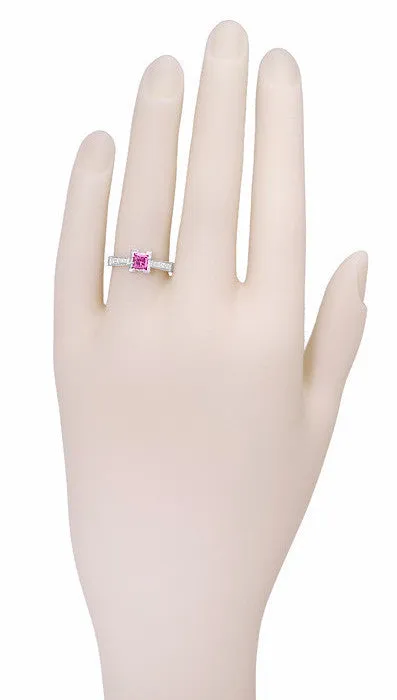 Art Deco Platinum 1/2 Carat Princess Cut Pink Sapphire and Diamonds Castle Engagement Ring