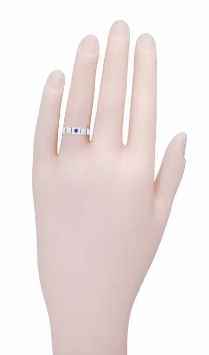 Art Deco Platinum Carved Filigree Low Profile Blue Sapphire Engagement Ring