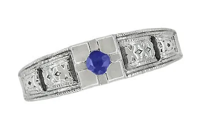 Art Deco Platinum Carved Filigree Low Profile Blue Sapphire Engagement Ring