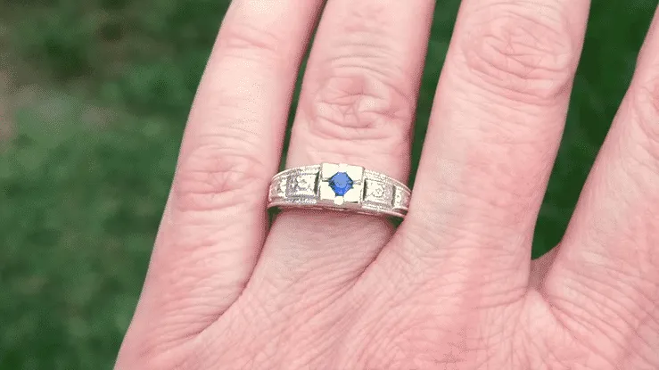 Art Deco Platinum Carved Filigree Low Profile Blue Sapphire Engagement Ring