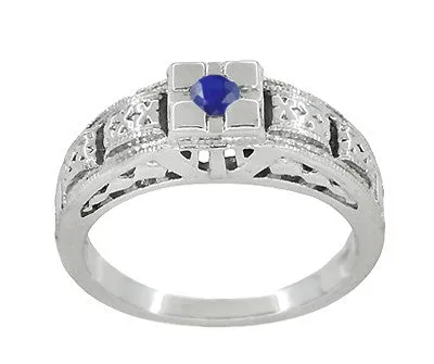 Art Deco Platinum Carved Filigree Low Profile Blue Sapphire Engagement Ring