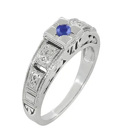 Art Deco Platinum Carved Filigree Low Profile Blue Sapphire Engagement Ring