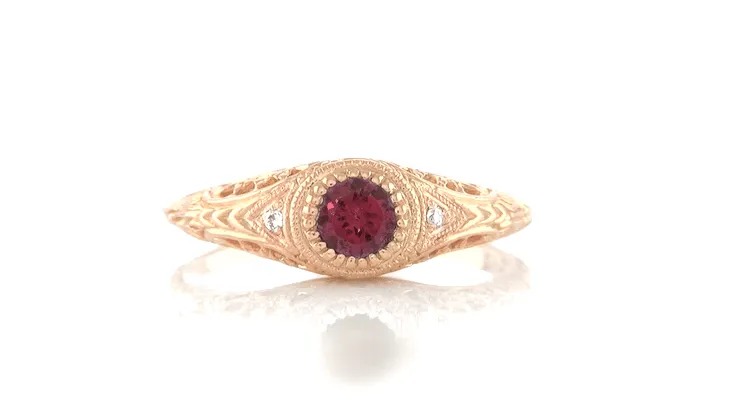 Art Deco Rhodolite Garnet and Diamonds Engraved Filigree Engagement Ring in 14 Karat Rose ( Pink ) Gold
