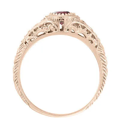 Art Deco Rhodolite Garnet and Diamonds Engraved Filigree Engagement Ring in 14 Karat Rose ( Pink ) Gold