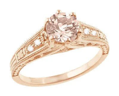 Art Deco Rose Gold Morganite and Side Diamond Filigree Engagement Ring - Vintage 1920's Design