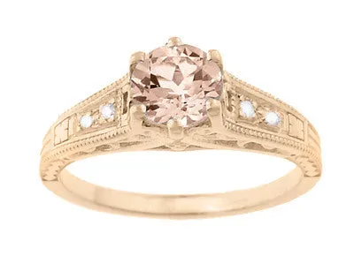 Art Deco Rose Gold Morganite and Side Diamond Filigree Engagement Ring - Vintage 1920's Design