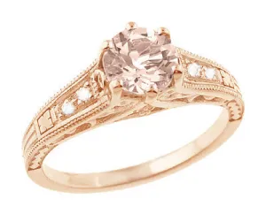 Art Deco Rose Gold Morganite and Side Diamond Filigree Engagement Ring - Vintage 1920's Design