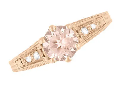 Art Deco Rose Gold Morganite and Side Diamond Filigree Engagement Ring - Vintage 1920's Design