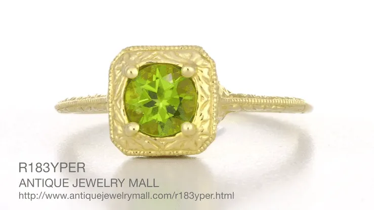 Art Deco Square Top Filigree Scrolls Engraved Peridot Engagement Ring in 14 Karat Yellow Gold