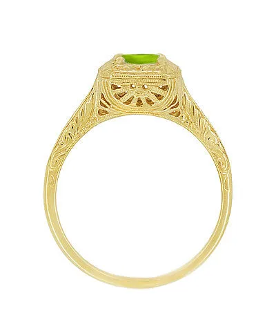 Art Deco Square Top Filigree Scrolls Engraved Peridot Engagement Ring in 14 Karat Yellow Gold