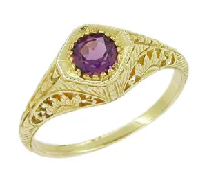 Art Deco Sunflowers Amethyst Filigree Ring in 14 Karat Yellow Gold