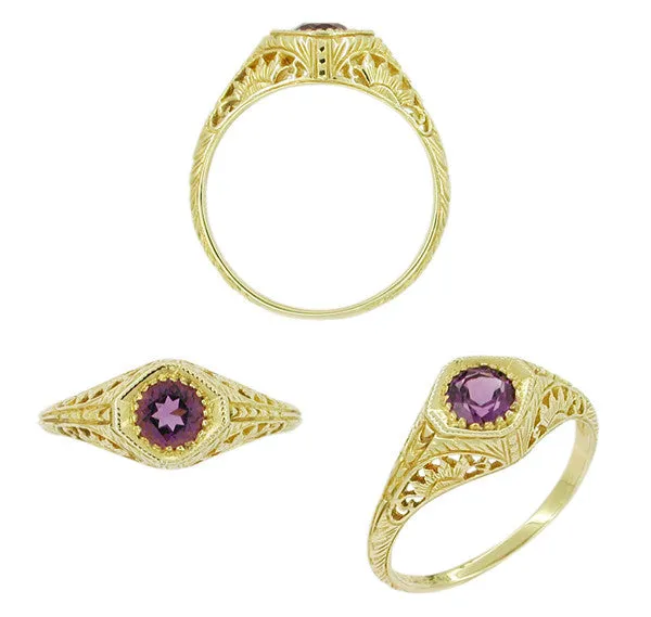 Art Deco Sunflowers Amethyst Filigree Ring in 14 Karat Yellow Gold