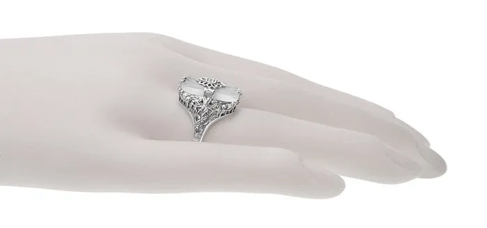 Art Deco Vintage Filigree Sun Ray Crystal and Diamond Right Hand Cocktail Ring in Sterling Silver