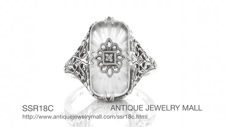 Art Deco Vintage Filigree Sun Ray Crystal and Diamond Right Hand Cocktail Ring in Sterling Silver