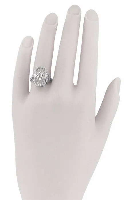 Art Deco Vintage Filigree Sun Ray Crystal and Diamond Right Hand Cocktail Ring in Sterling Silver