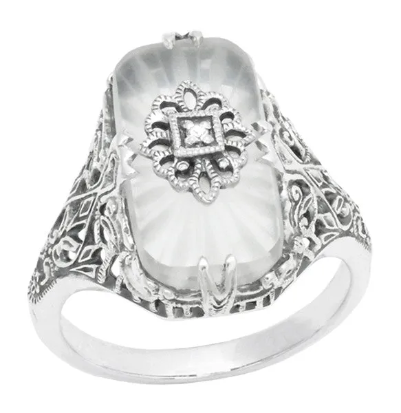 Art Deco Vintage Filigree Sun Ray Crystal and Diamond Right Hand Cocktail Ring in Sterling Silver