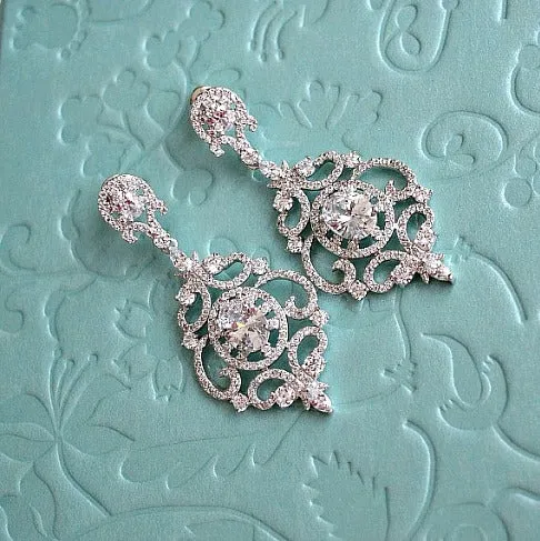 Art Deco Wedding Earrings. Victorian Style Dangle Wedding Earrings. Vintage Bridal Earrings. Rose Gold Crystal CZ Chandelier Wedding Earrings