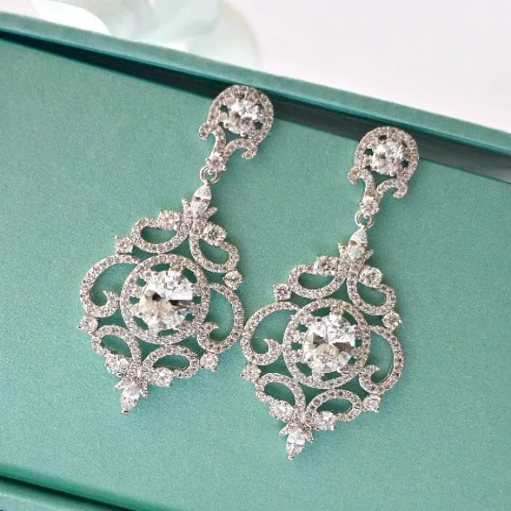 Art Deco Wedding Earrings. Victorian Style Dangle Wedding Earrings. Vintage Bridal Earrings. Rose Gold Crystal CZ Chandelier Wedding Earrings