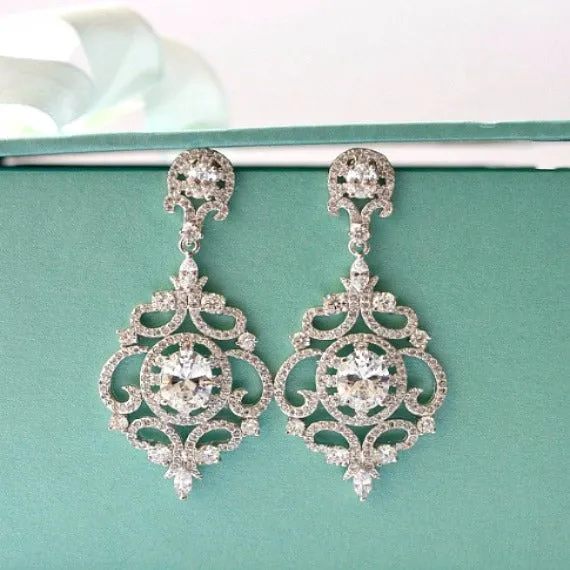 Art Deco Wedding Earrings. Victorian Style Dangle Wedding Earrings. Vintage Bridal Earrings. Rose Gold Crystal CZ Chandelier Wedding Earrings