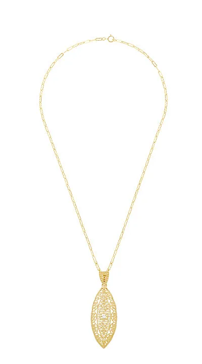 Art Deco Yellow Gold Vermeil Dangling Leaf Diamond Filigree Pendant Necklace
