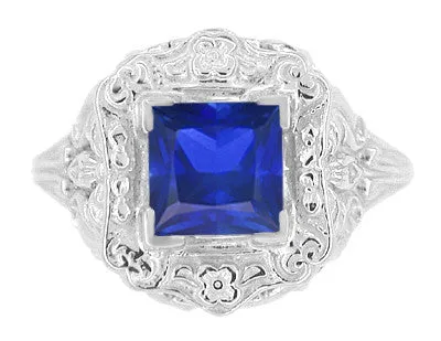 Art Nouveau 1.25 Carat Princess Cut Square Sapphire Ring in 14K White Gold | 6mm