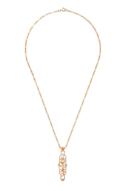 Art Nouveau Trailing Lilies Filigree Pendant Necklace in Sterling Silver with Rose Gold Vermeil