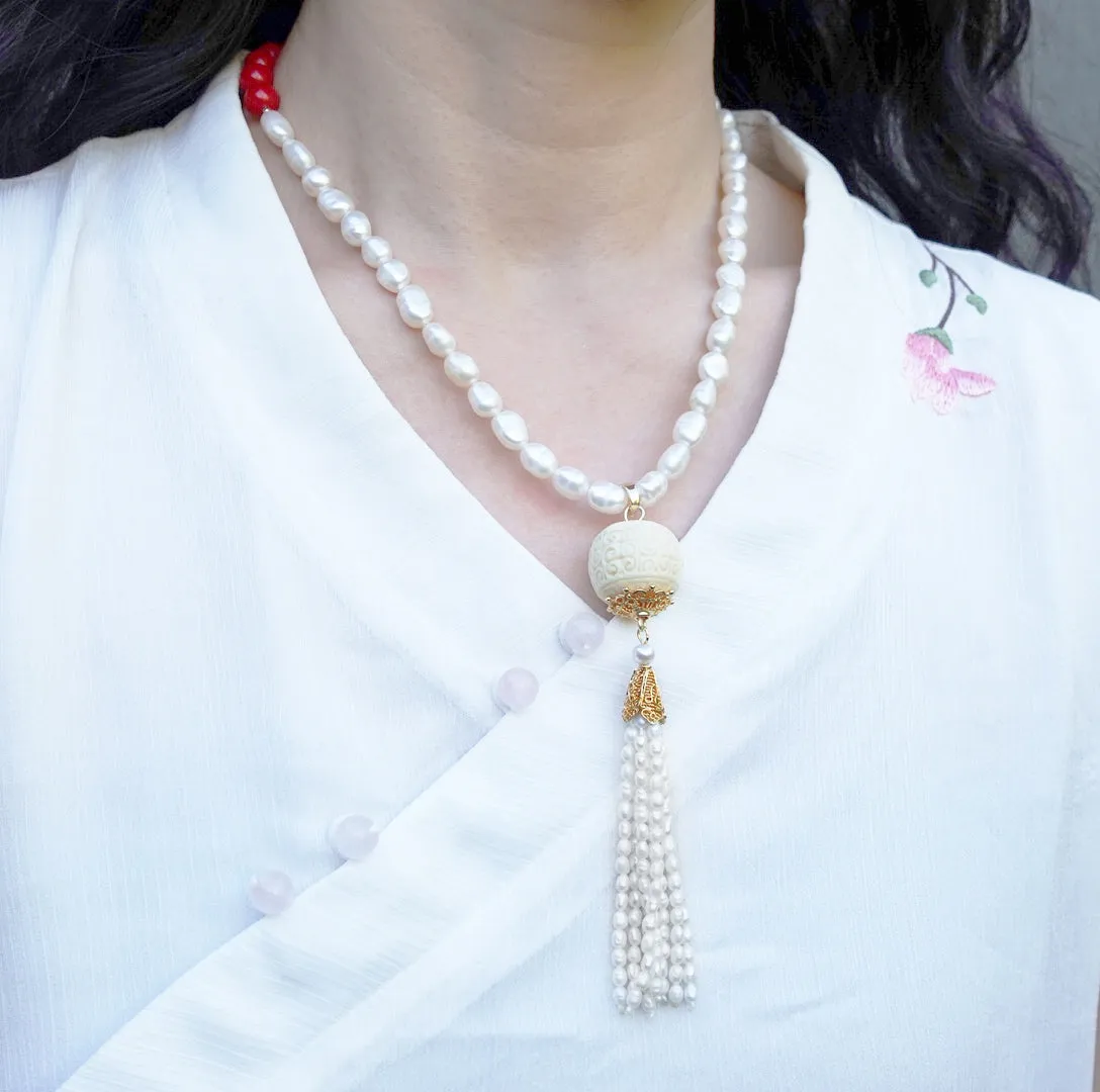 Auspicious Clouds Corozo Nuts Pearl Tassel Pendant