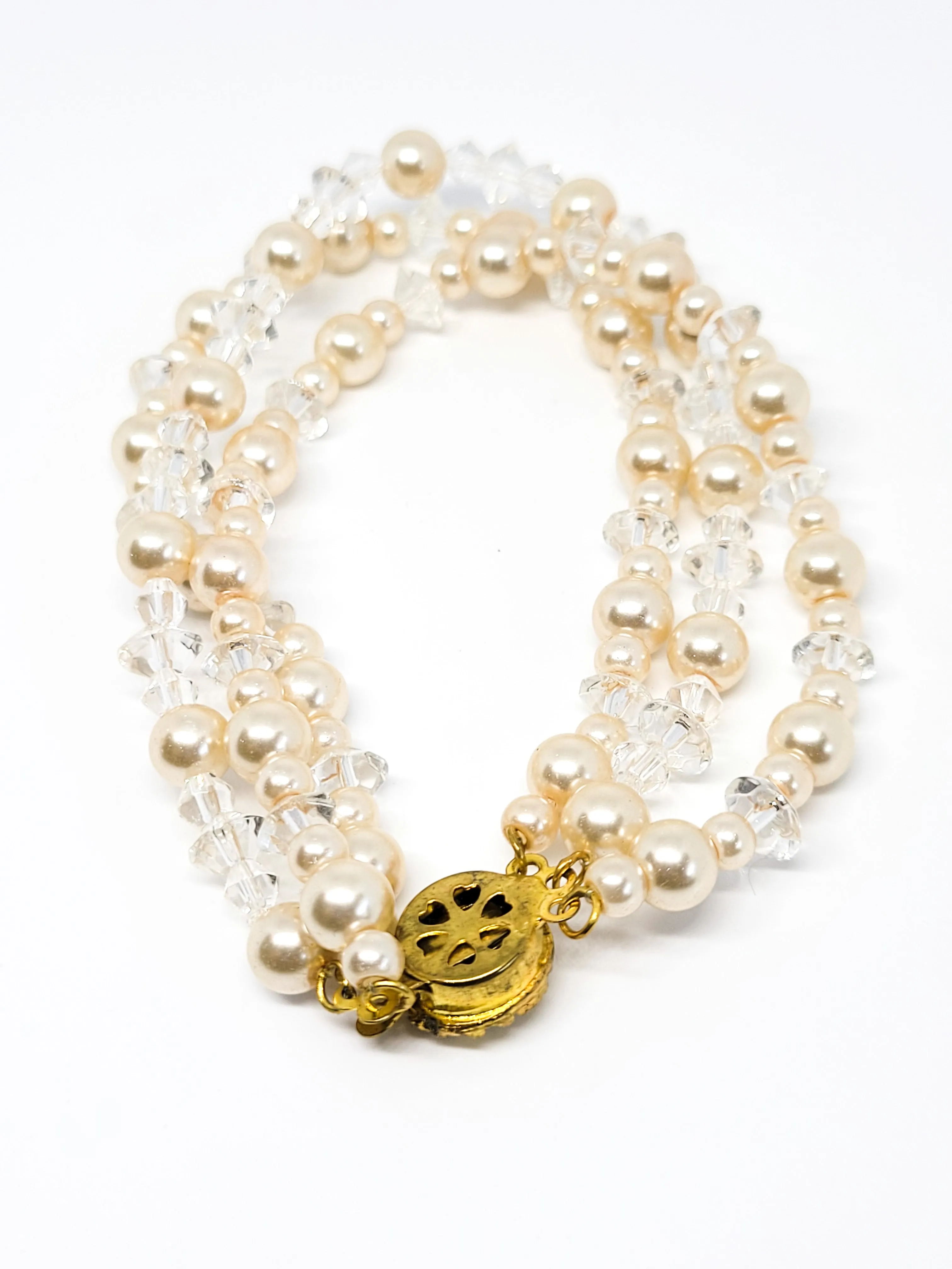 Austrian crystal and faux pearl 3 strand gold toned vintage beaded bracelet