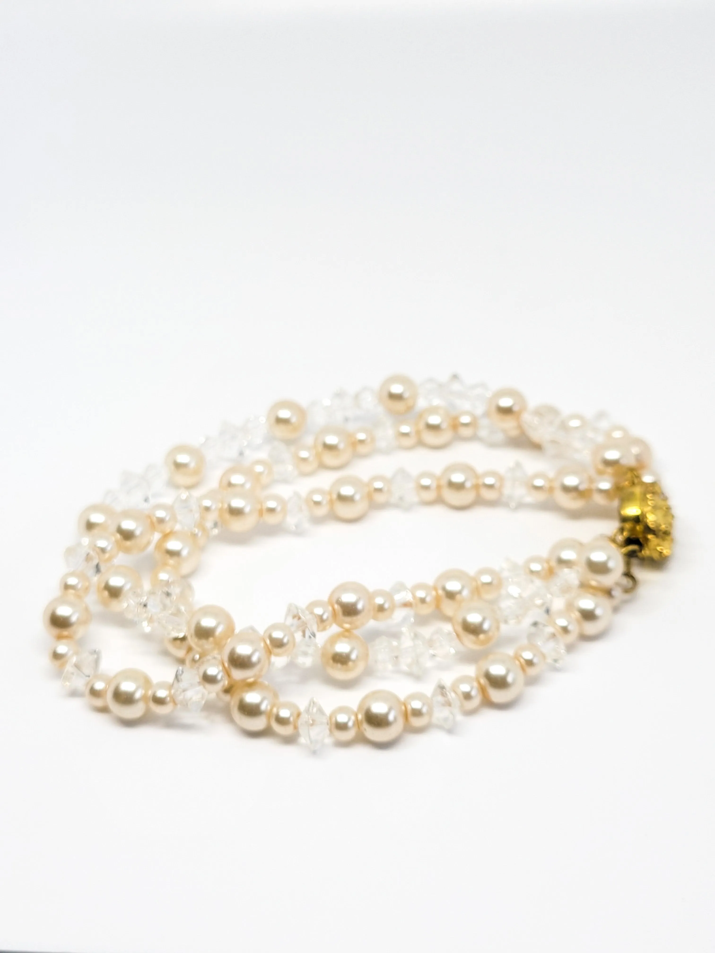 Austrian crystal and faux pearl 3 strand gold toned vintage beaded bracelet